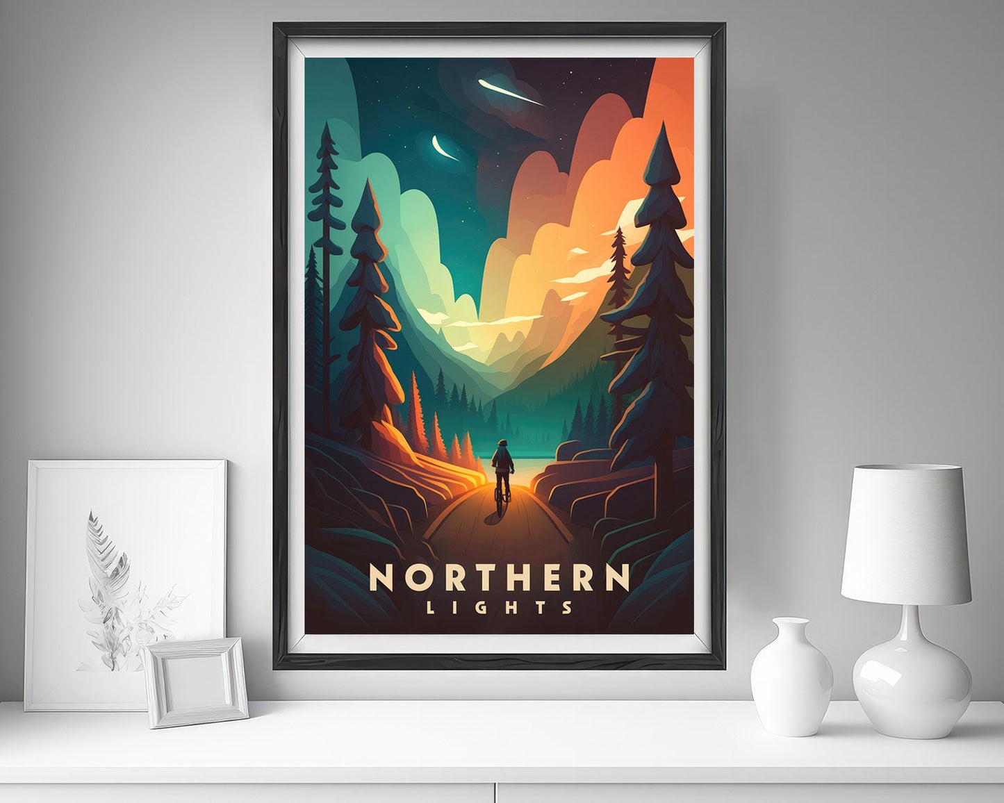 Framed Northern Lights Travel Poster in Portrait orientation, minimal background, close up wall art print 5