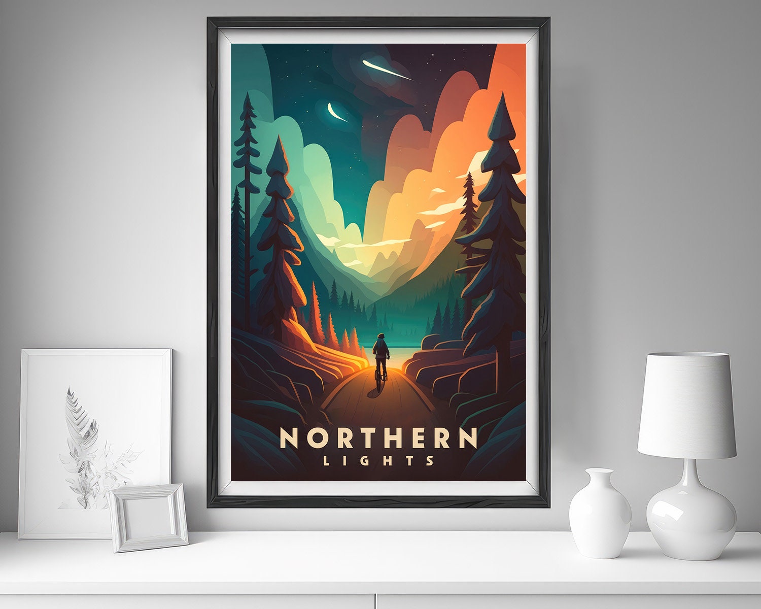 Framed Northern Lights Travel Poster in Portrait orientation, minimal background, close up wall art print 5