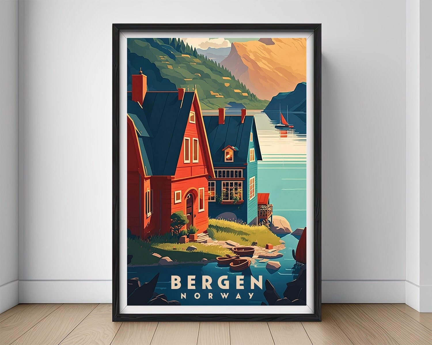 Framed Norway Bergen Travel Poster in Portrait orientation, minimal background, close up wall art print 1