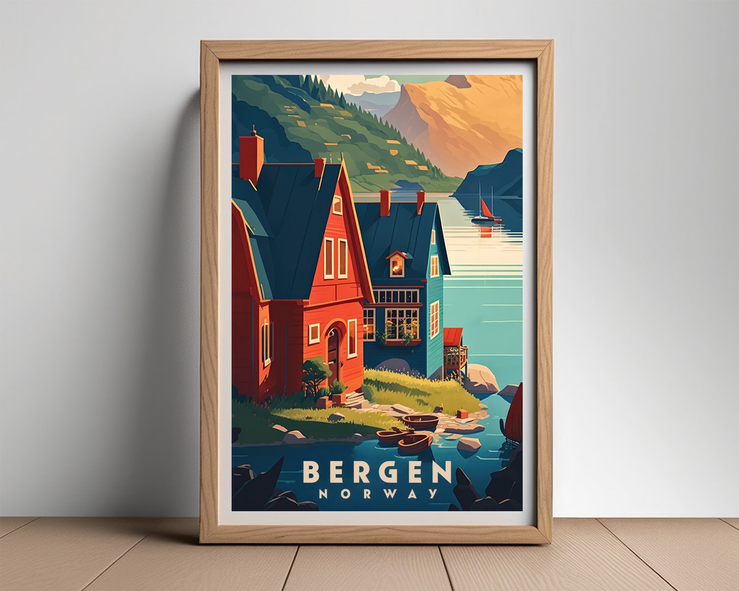 Framed Norway Bergen Travel Poster in Portrait orientation, minimal background, close up wall art print 2