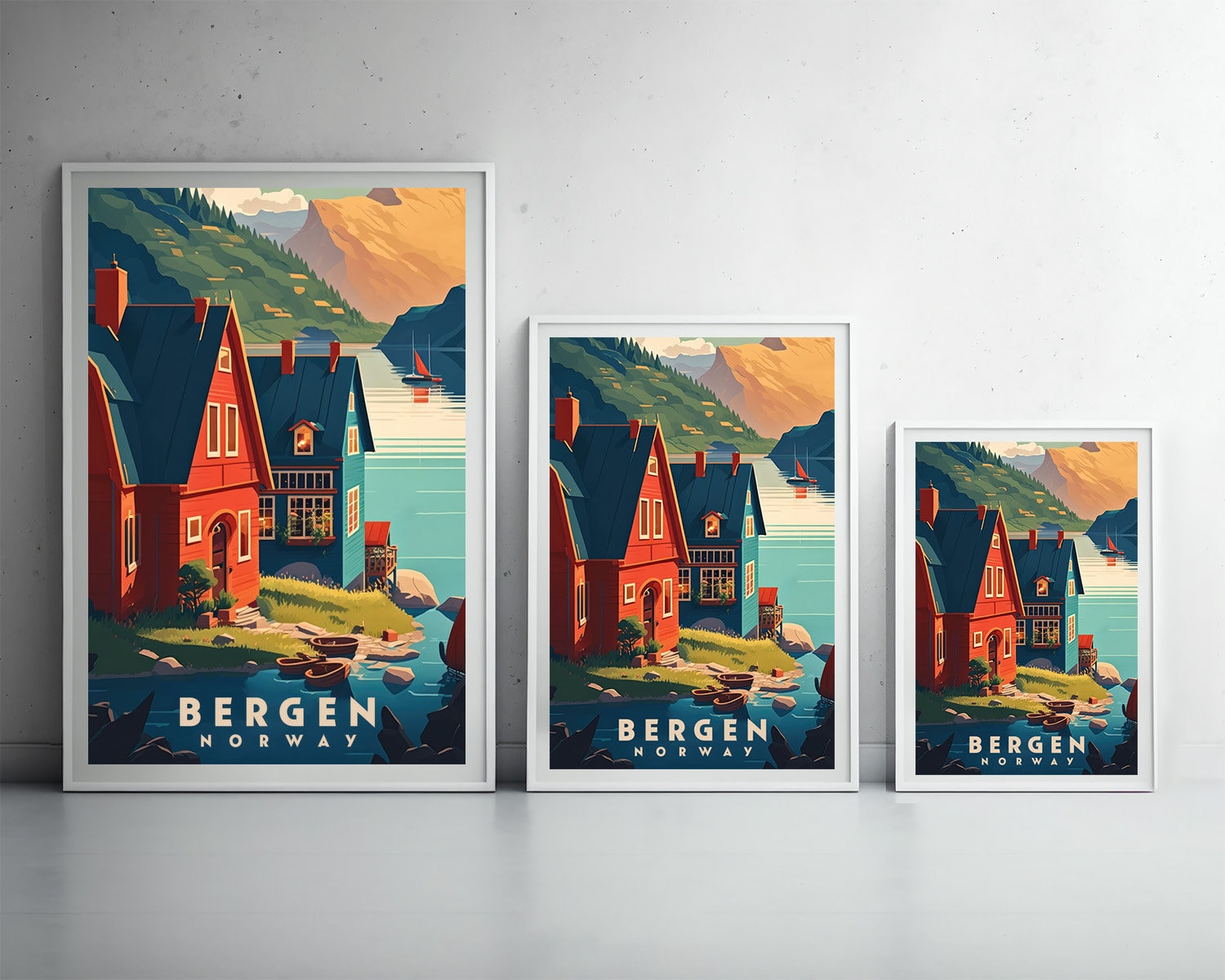 Framed Norway Bergen Travel Poster in Portrait orientation, minimal background, close up wall art print 3