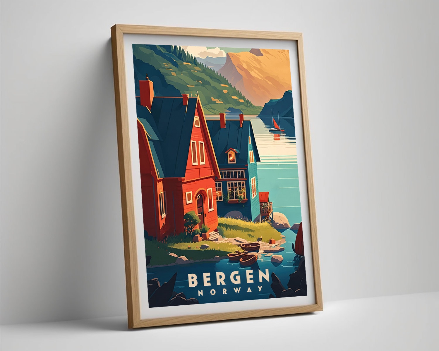 Framed Norway Bergen Travel Poster in Portrait orientation, minimal background, close up wall art print 4