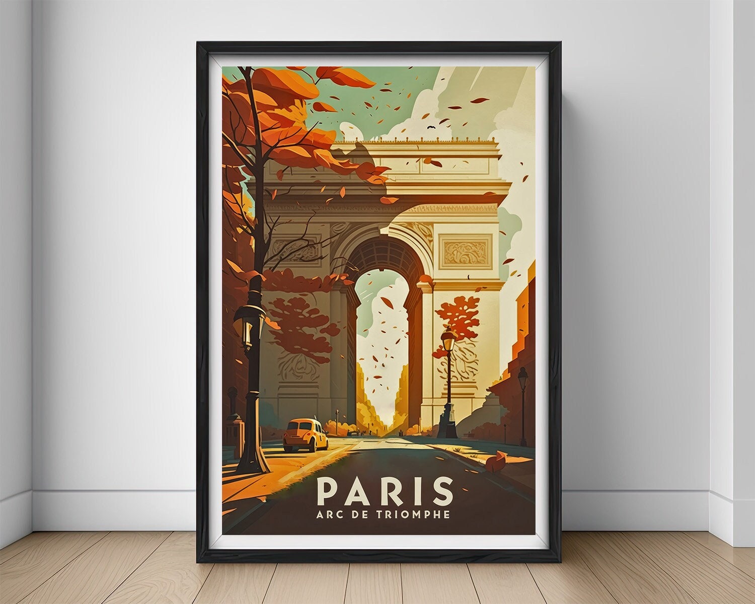 Framed Paris Arc De Triomphe Travel Poster in Portrait orientation, minimal background, close up wall art print 1