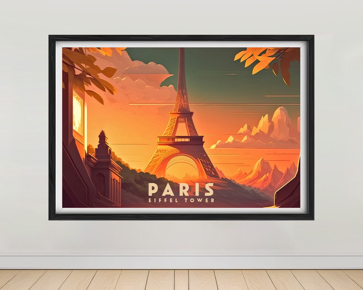 Framed Paris Eiffel Tower France Travel Poster in Landscape orientation, minimal background, close up wall art print 1
