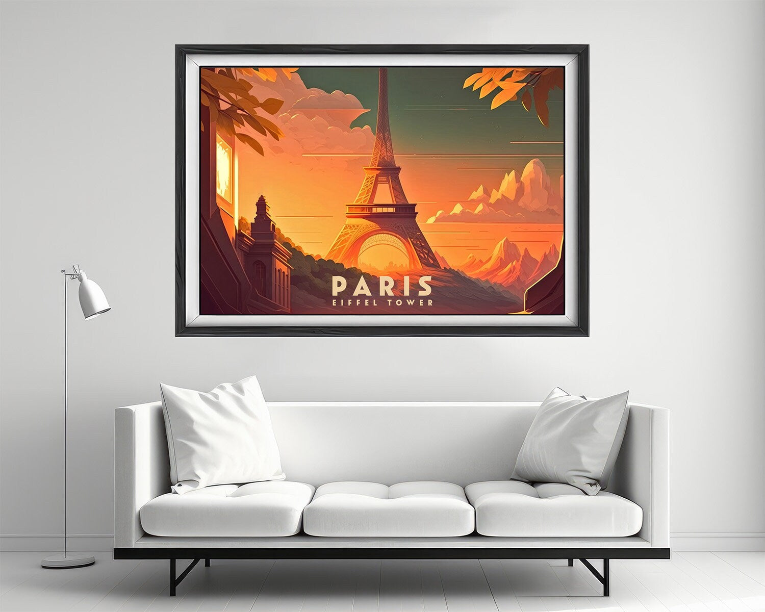 Framed Paris Eiffel Tower France Travel Poster in Landscape orientation, minimal background, close up wall art print 2