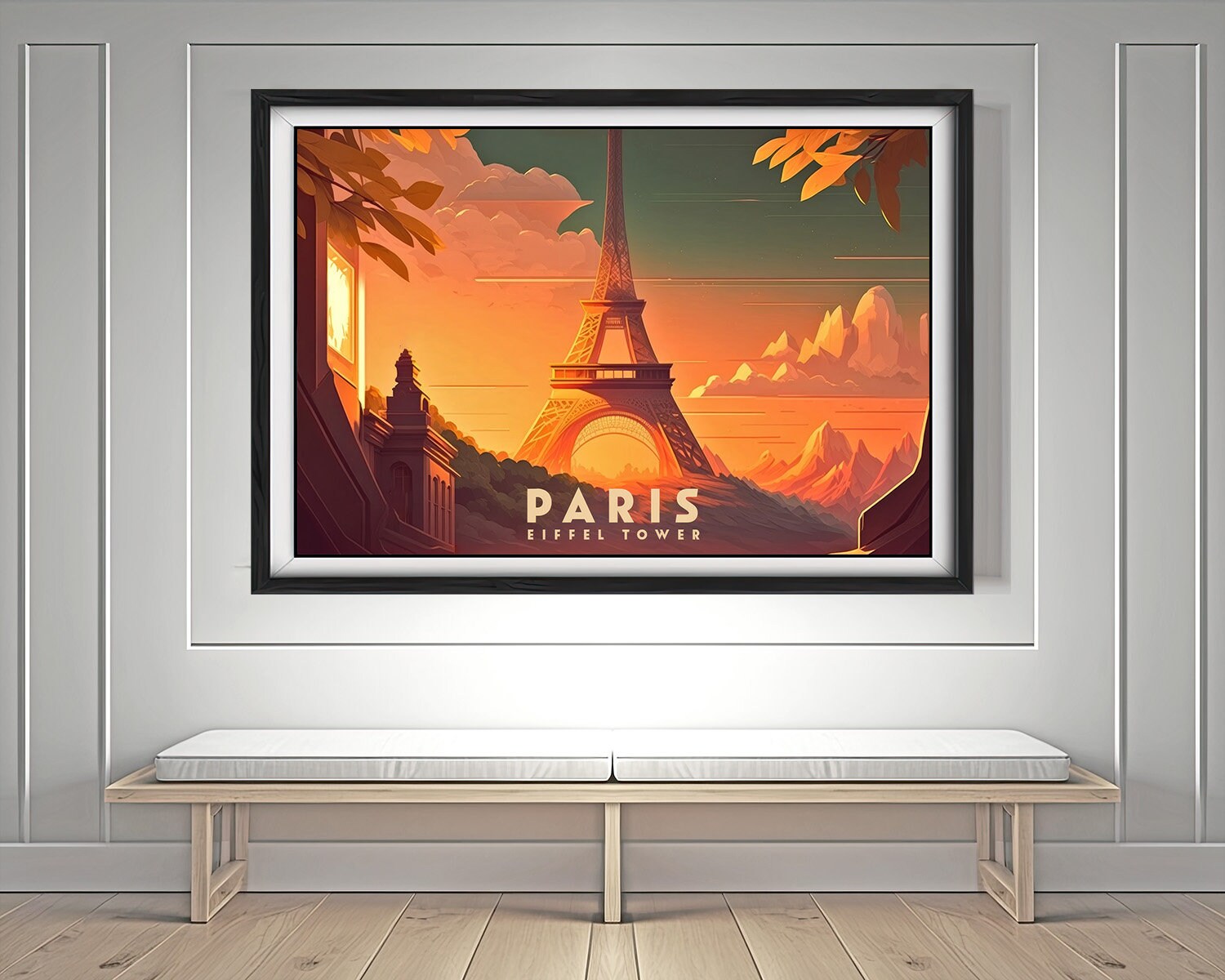 Framed Paris Eiffel Tower France Travel Poster in Landscape orientation, minimal background, close up wall art print 3