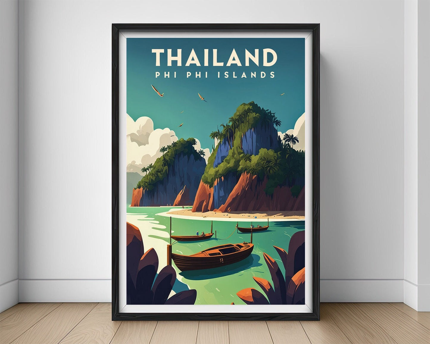 Framed Phi Phi Island Thailand Travel Poster in Portrait orientation, minimal background, close up wall art print 1