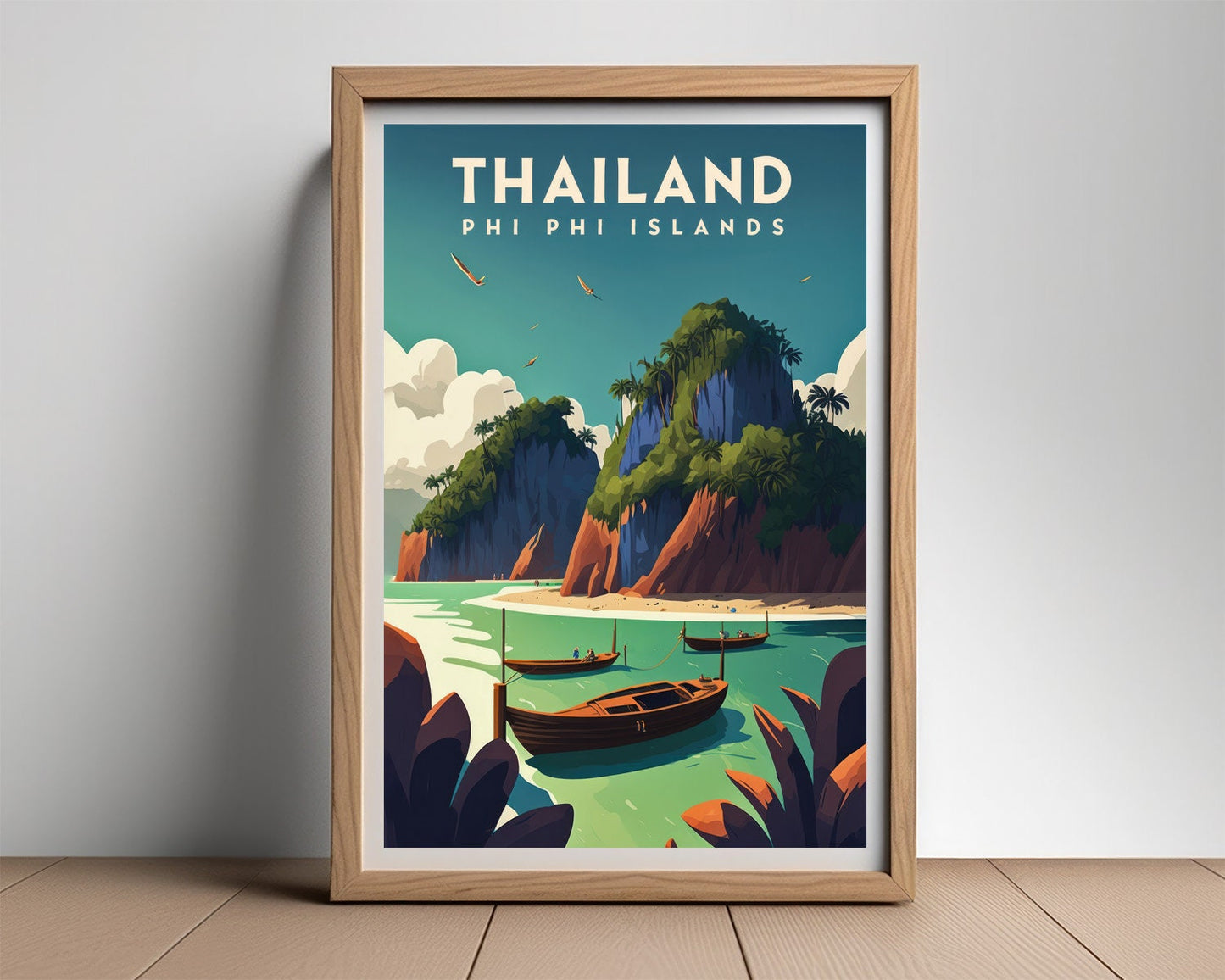 Framed Phi Phi Island Thailand Travel Poster in Portrait orientation, minimal background, close up wall art print 2