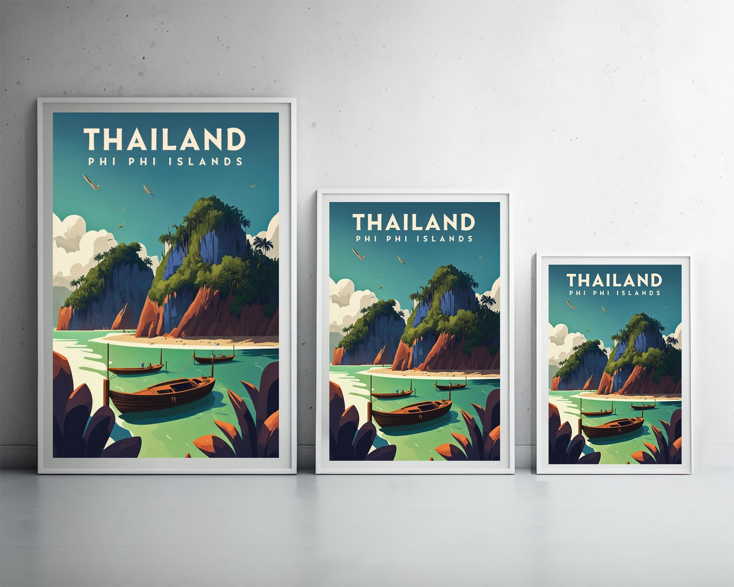 Framed Phi Phi Island Thailand Travel Poster in Portrait orientation, minimal background, close up wall art print 3