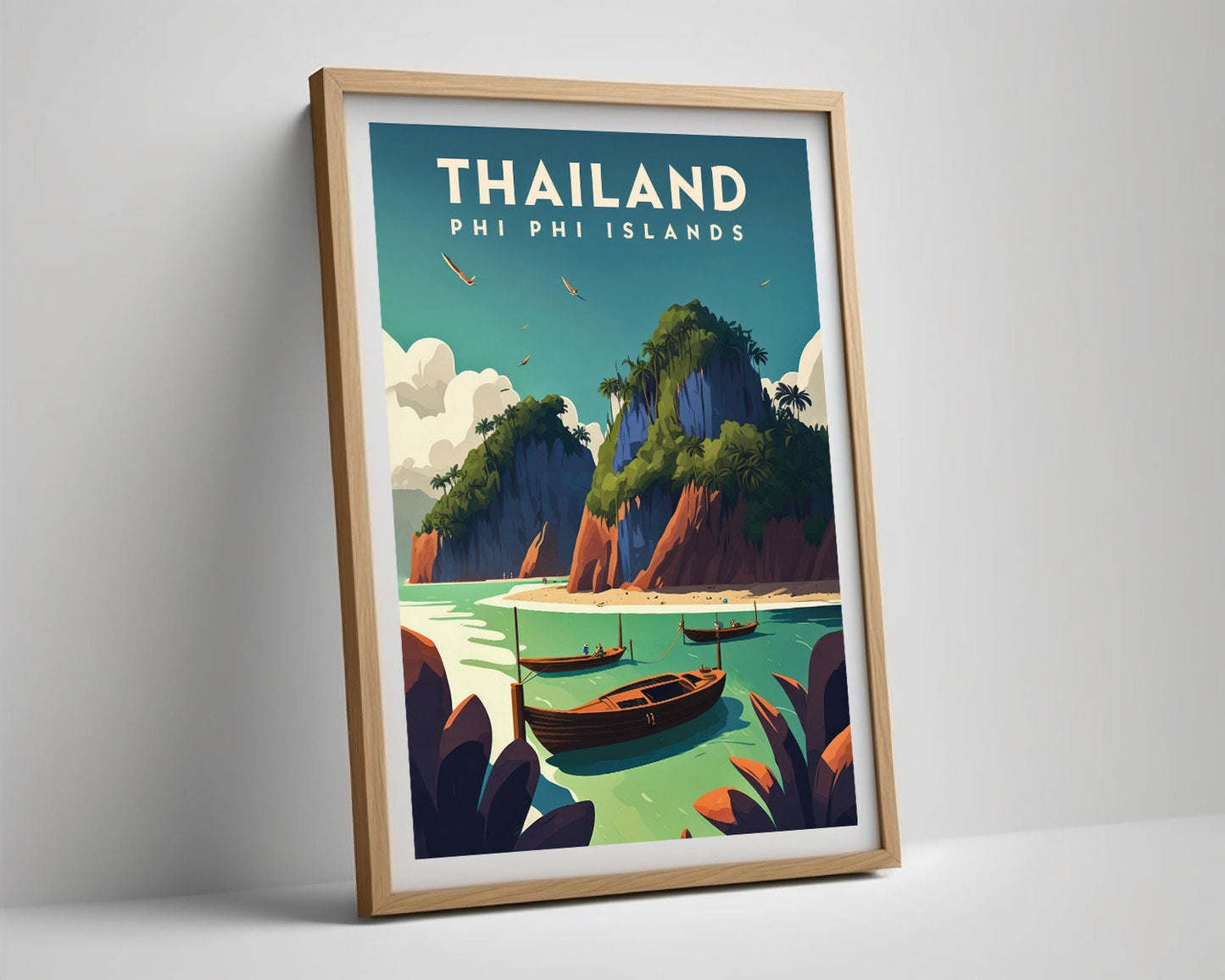 Framed Phi Phi Island Thailand Travel Poster in Portrait orientation, minimal background, close up wall art print 4
