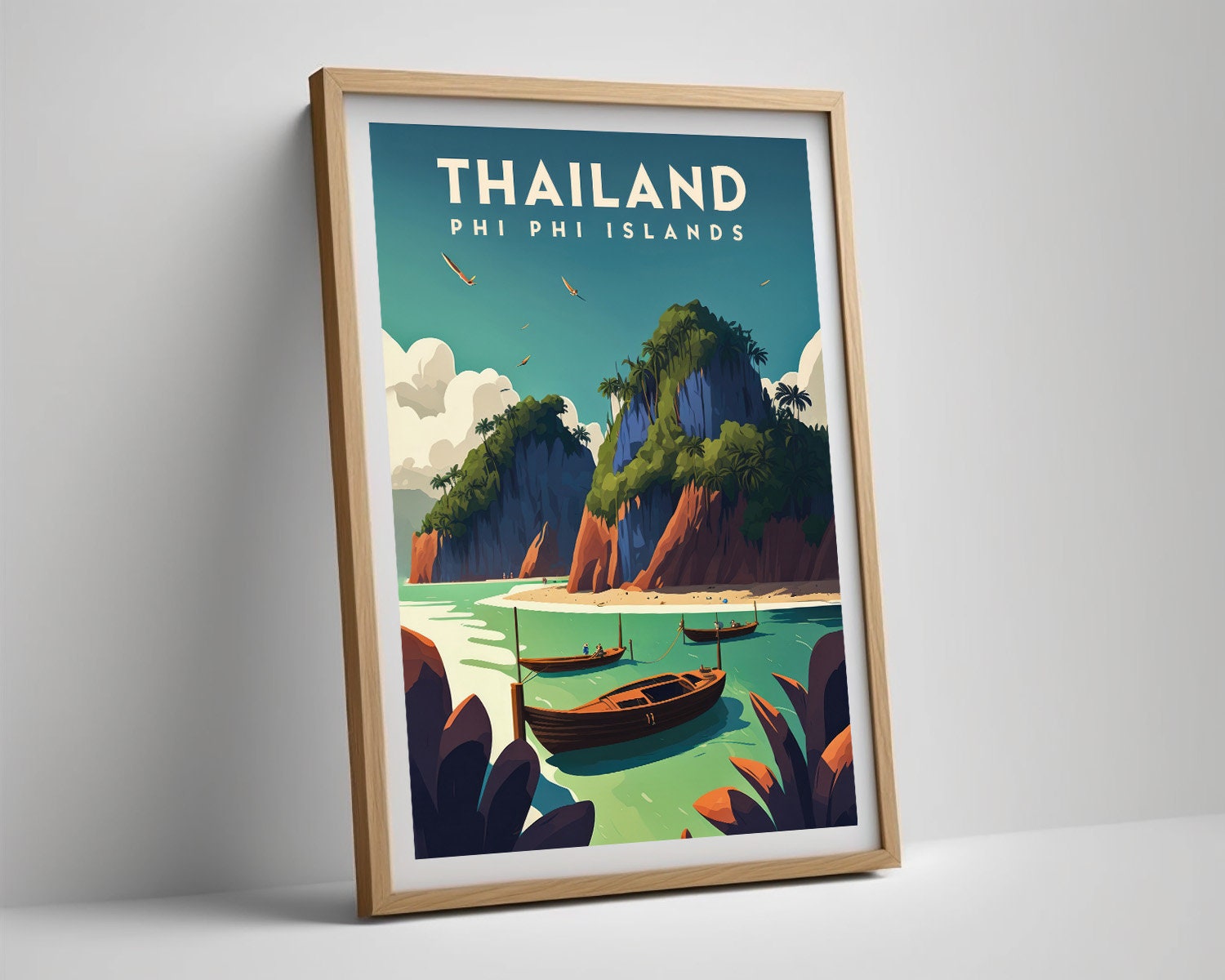 Framed Phi Phi Island Thailand Travel Poster in Portrait orientation, minimal background, close up wall art print 4