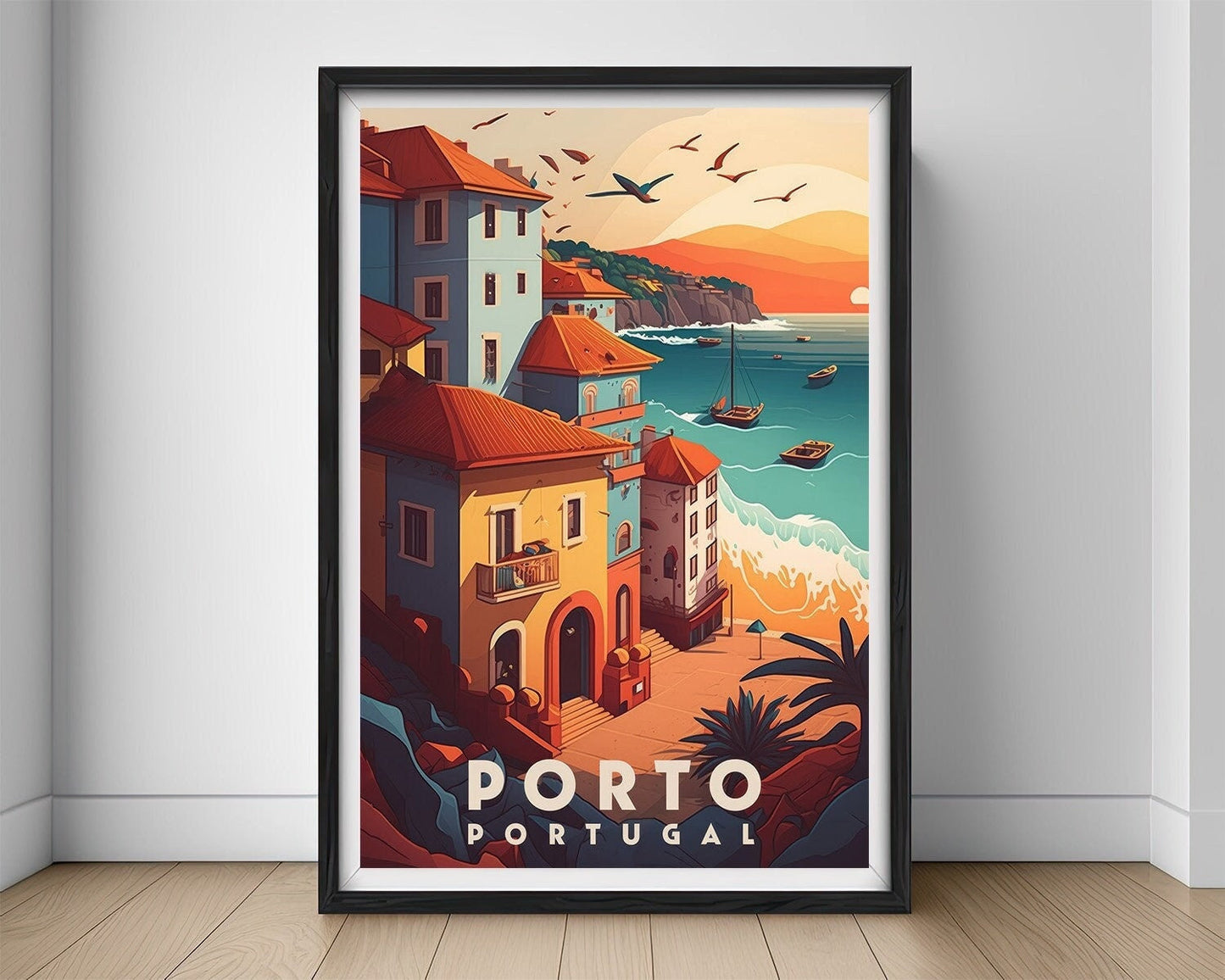 Framed Portugal Porto Europe Travel Poster in Portrait orientation, minimal background, close up wall art print 1