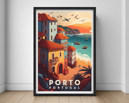 Framed Portugal Porto Europe Travel Poster in Portrait orientation, minimal background, close up wall art print 1