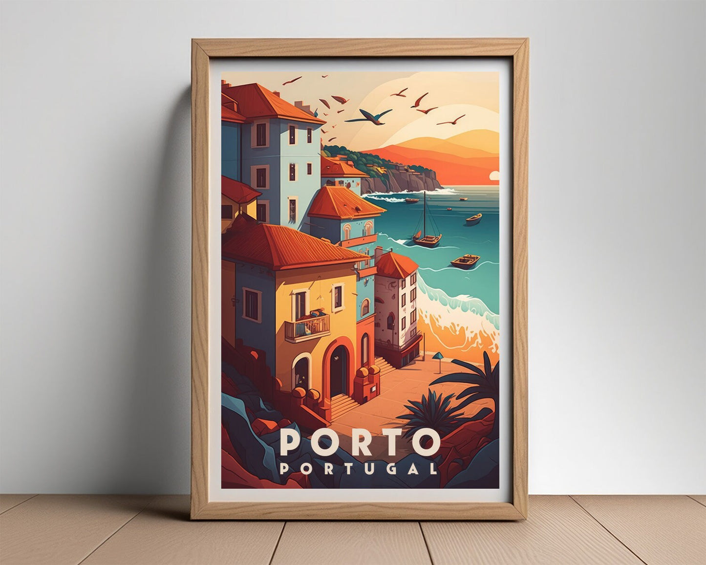 Framed Portugal Porto Europe Travel Poster in Portrait orientation, minimal background, close up wall art print 2
