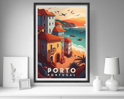 Framed Portugal Porto Europe Travel Poster in Portrait orientation, minimal background, close up wall art print 5