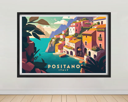 Framed Positano Italy Travel Poster in Landscape orientation, minimal background, close up wall art print 1