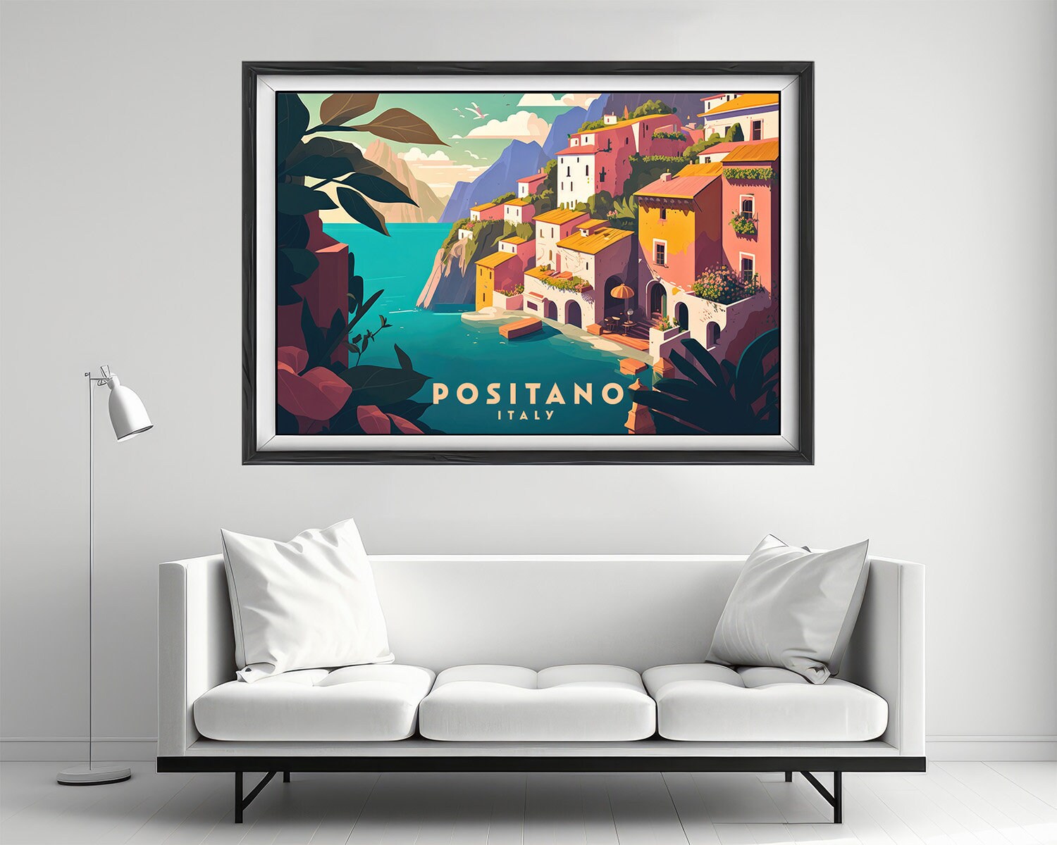 Framed Positano Italy Travel Poster in Landscape orientation, minimal background, close up wall art print 2