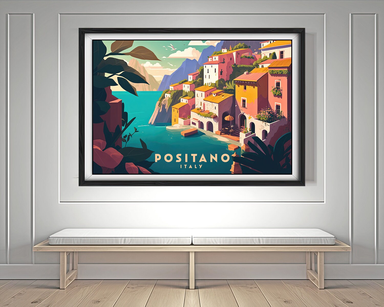 Framed Positano Italy Travel Poster in Landscape orientation, minimal background, close up wall art print 3