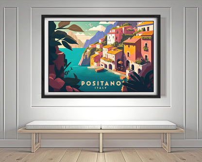 Framed Positano Italy Travel Poster in Landscape orientation, minimal background, close up wall art print 3