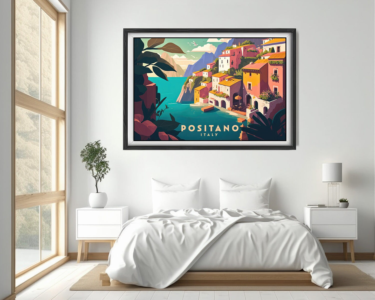 Framed Positano Italy Travel Poster in Landscape orientation, minimal background, close up wall art print 4