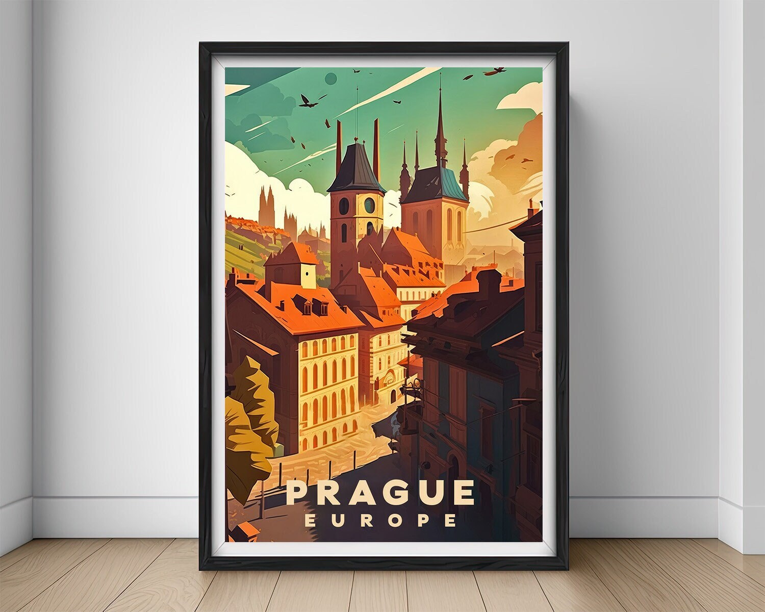 Framed Prague Europe Travel Poster in Portrait orientation, minimal background, close up wall art print 1