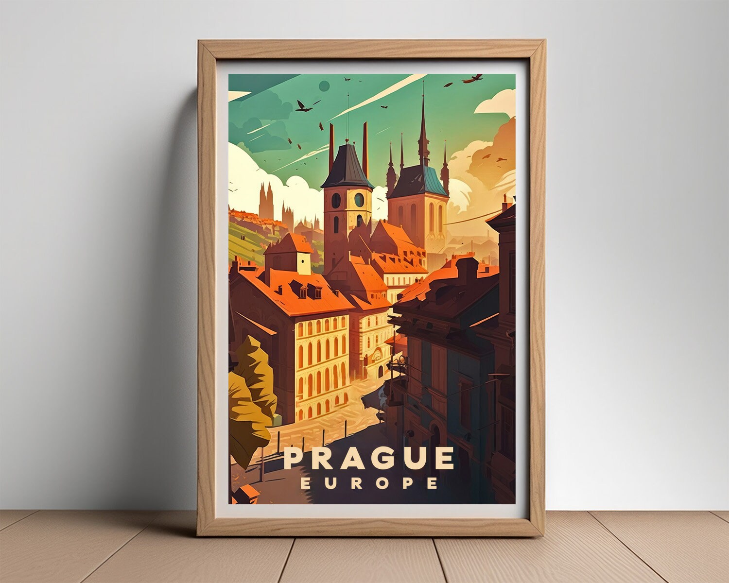 Framed Prague Europe Travel Poster in Portrait orientation, minimal background, close up wall art print 2