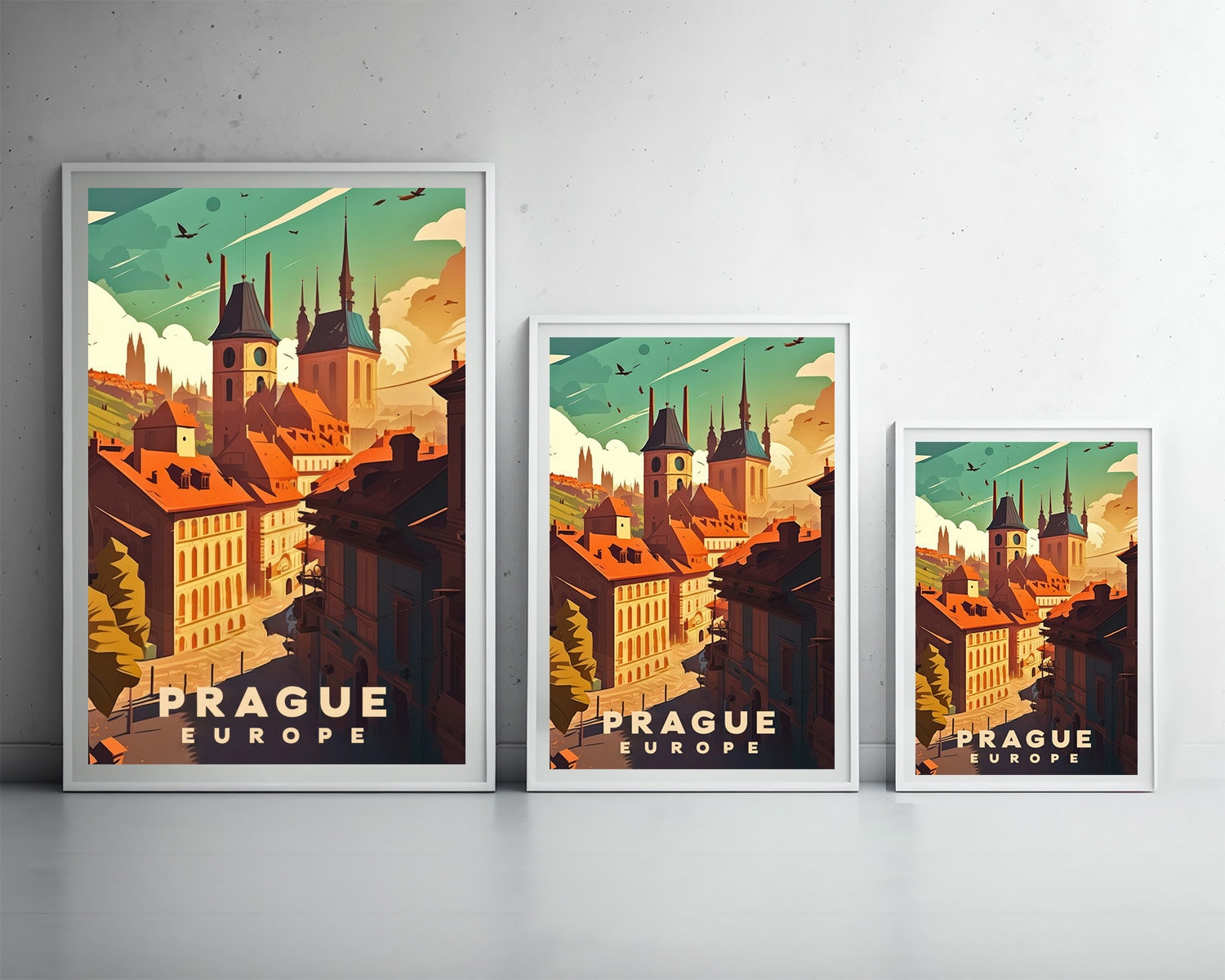 Framed Prague Europe Travel Poster in Portrait orientation, minimal background, close up wall art print 3