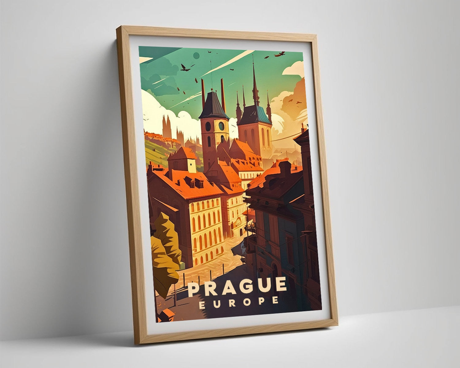 Framed Prague Europe Travel Poster in Portrait orientation, minimal background, close up wall art print 4