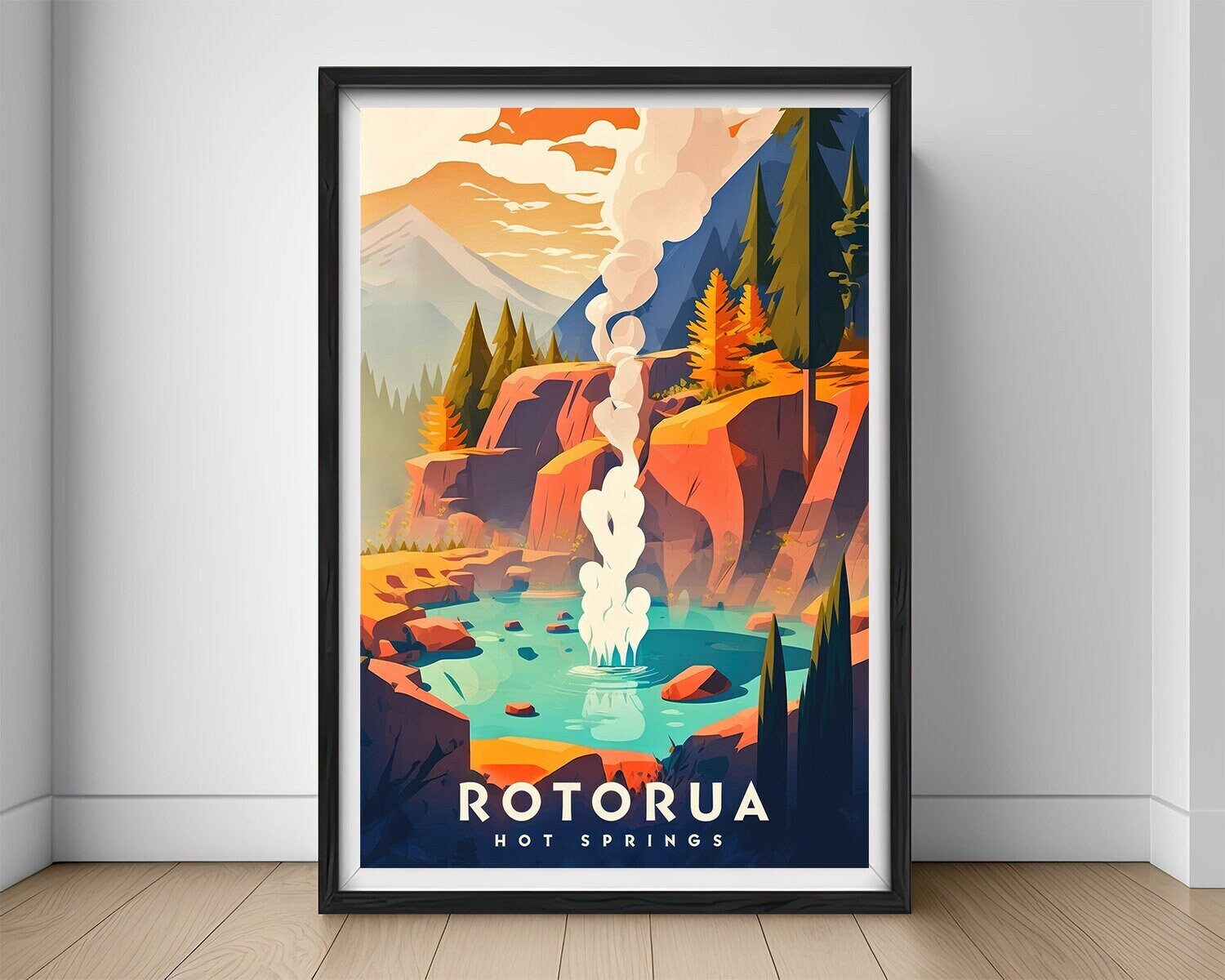 Framed Rotorua Hot Springs Travel Poster in Portrait orientation, minimal background, close up wall art print 1