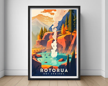 Framed Rotorua Hot Springs Travel Poster in Portrait orientation, minimal background, close up wall art print 1