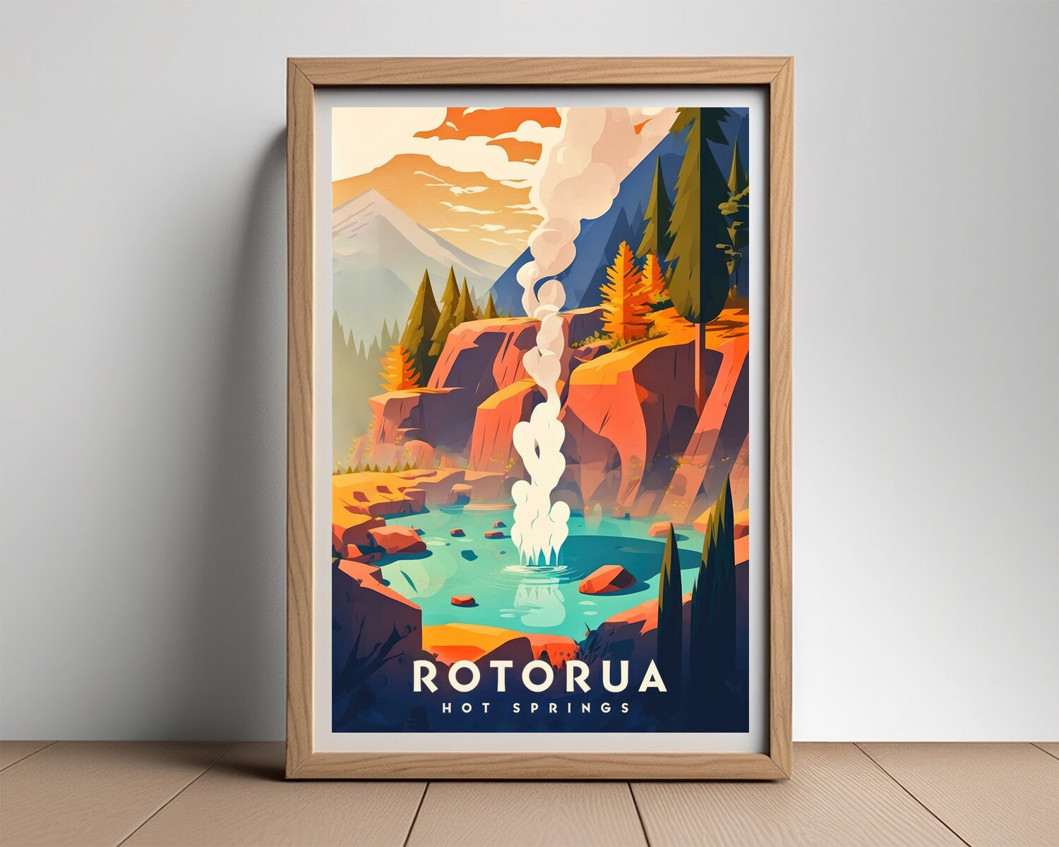 Framed Rotorua Hot Springs Travel Poster in Portrait orientation, minimal background, close up wall art print 2