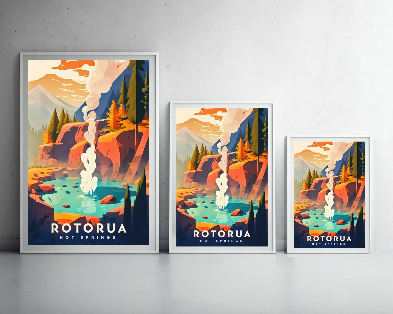 Framed Rotorua Hot Springs Travel Poster in Portrait orientation, minimal background, close up wall art print 3