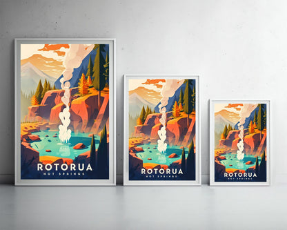 Framed Rotorua Hot Springs Travel Poster in Portrait orientation, minimal background, close up wall art print 3