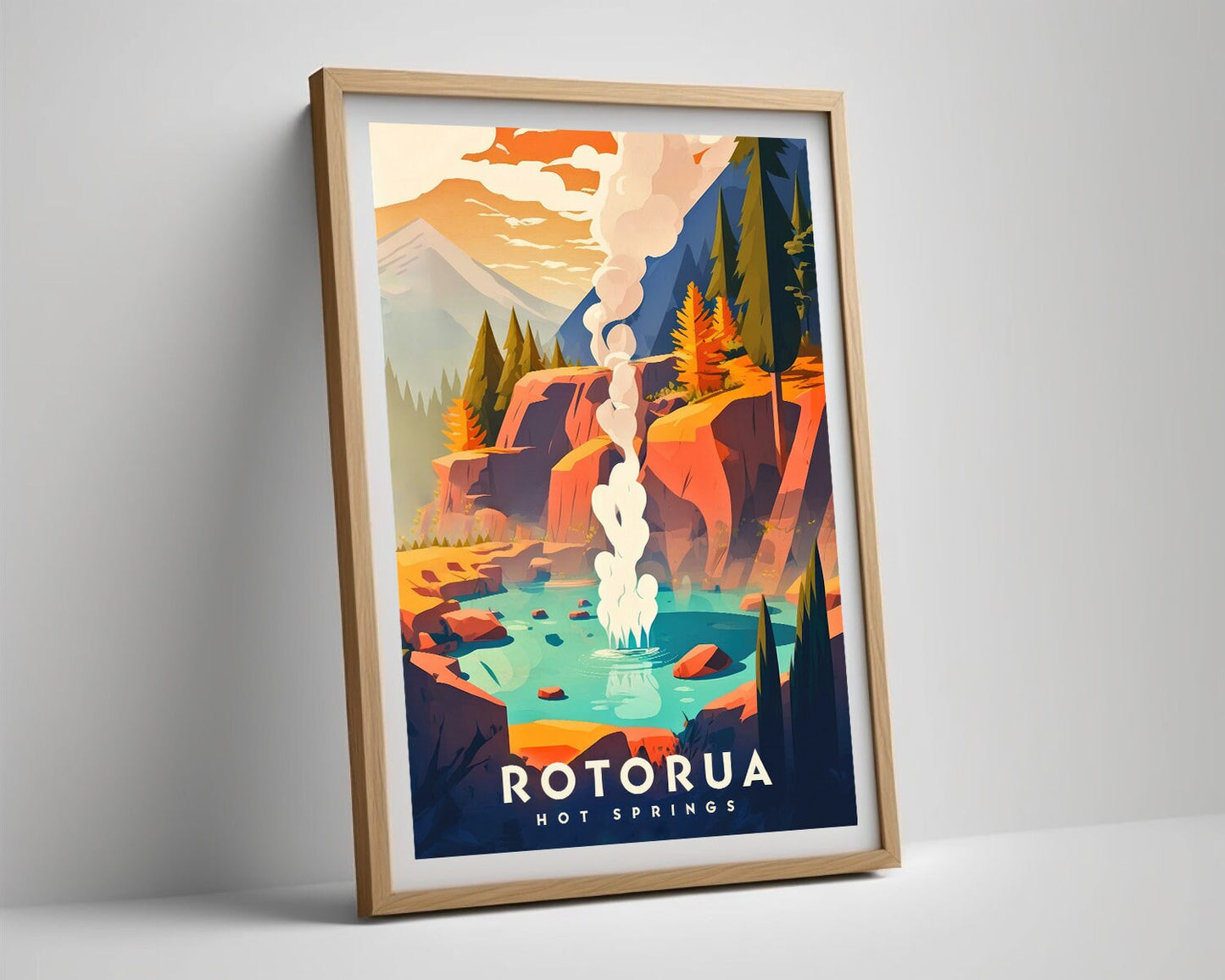 Framed Rotorua Hot Springs Travel Poster in Portrait orientation, minimal background, close up wall art print 4