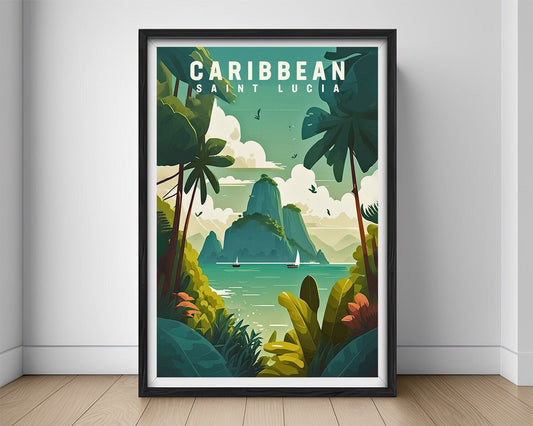 Framed Saint Lucia Caribbean Travel Poster in Portrait orientation, minimal background, close up wall art print 1