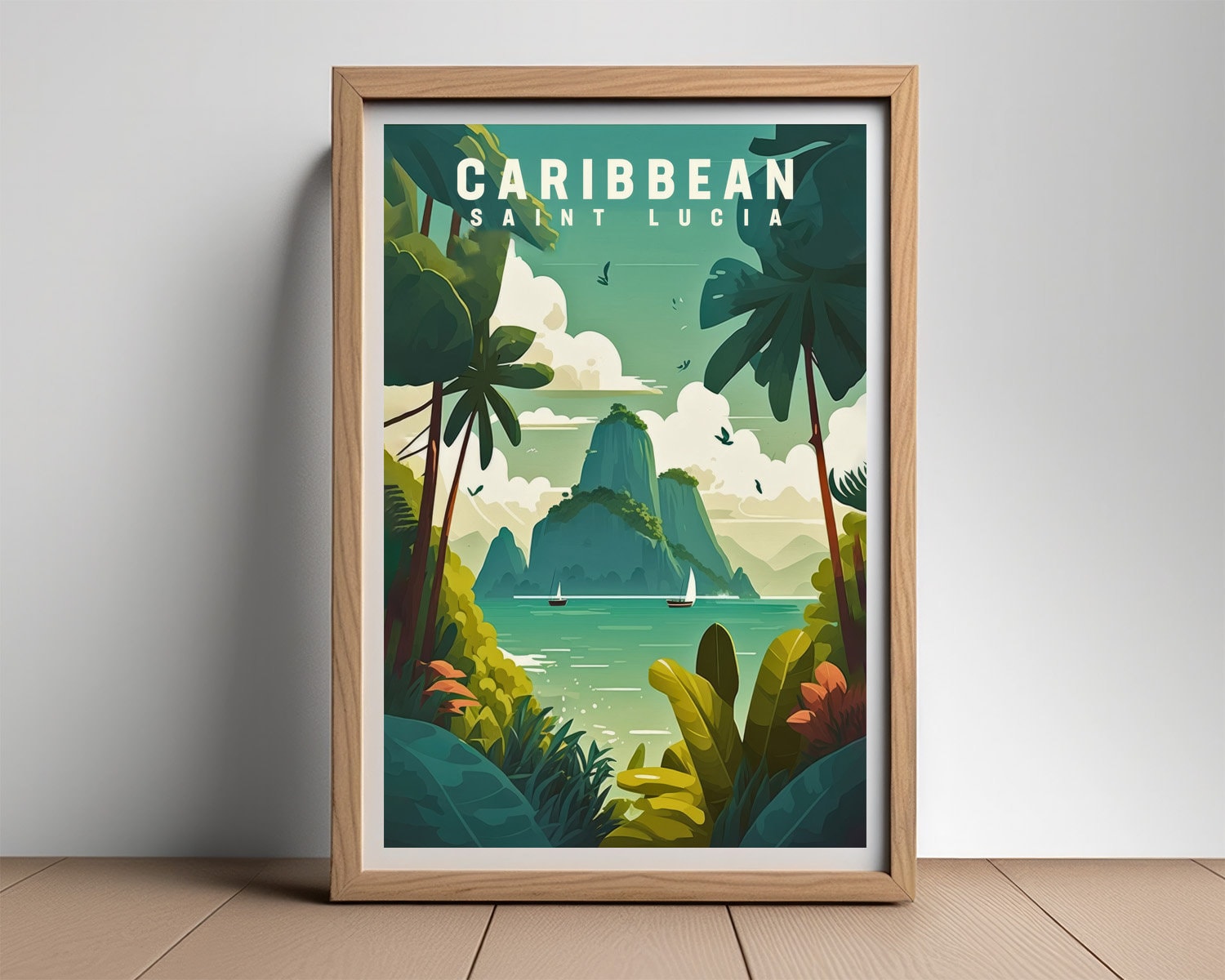 Framed Saint Lucia Caribbean Travel Poster in Portrait orientation, minimal background, close up wall art print 2