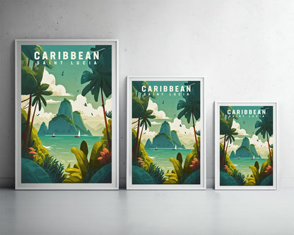 Framed Saint Lucia Caribbean Travel Poster in Portrait orientation, minimal background, close up wall art print 3