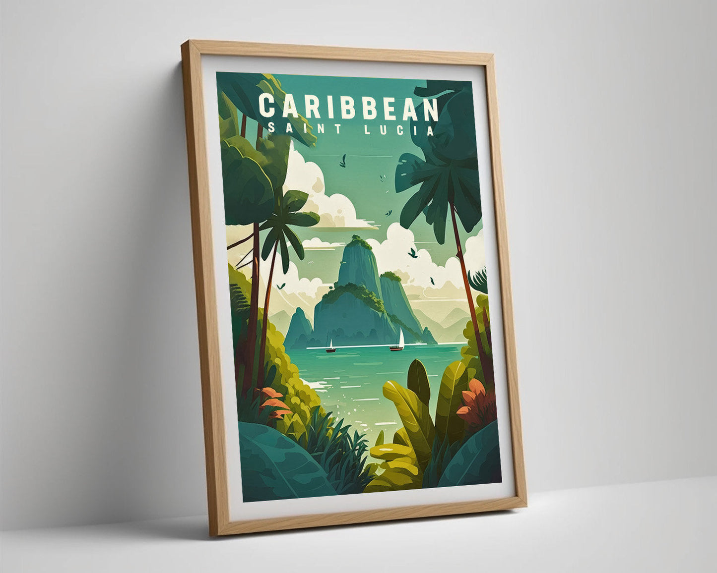 Framed Saint Lucia Caribbean Travel Poster in Portrait orientation, minimal background, close up wall art print 4