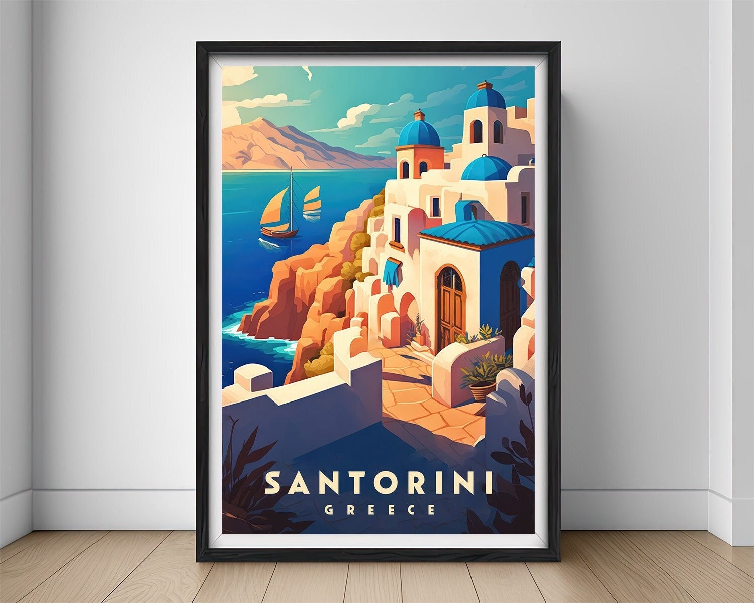 Framed Santorini Greece Travel Poster in Portrait orientation, minimal background, close up wall art print 1