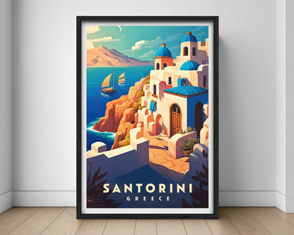 Framed Santorini Greece Travel Poster in Portrait orientation, minimal background, close up wall art print 1