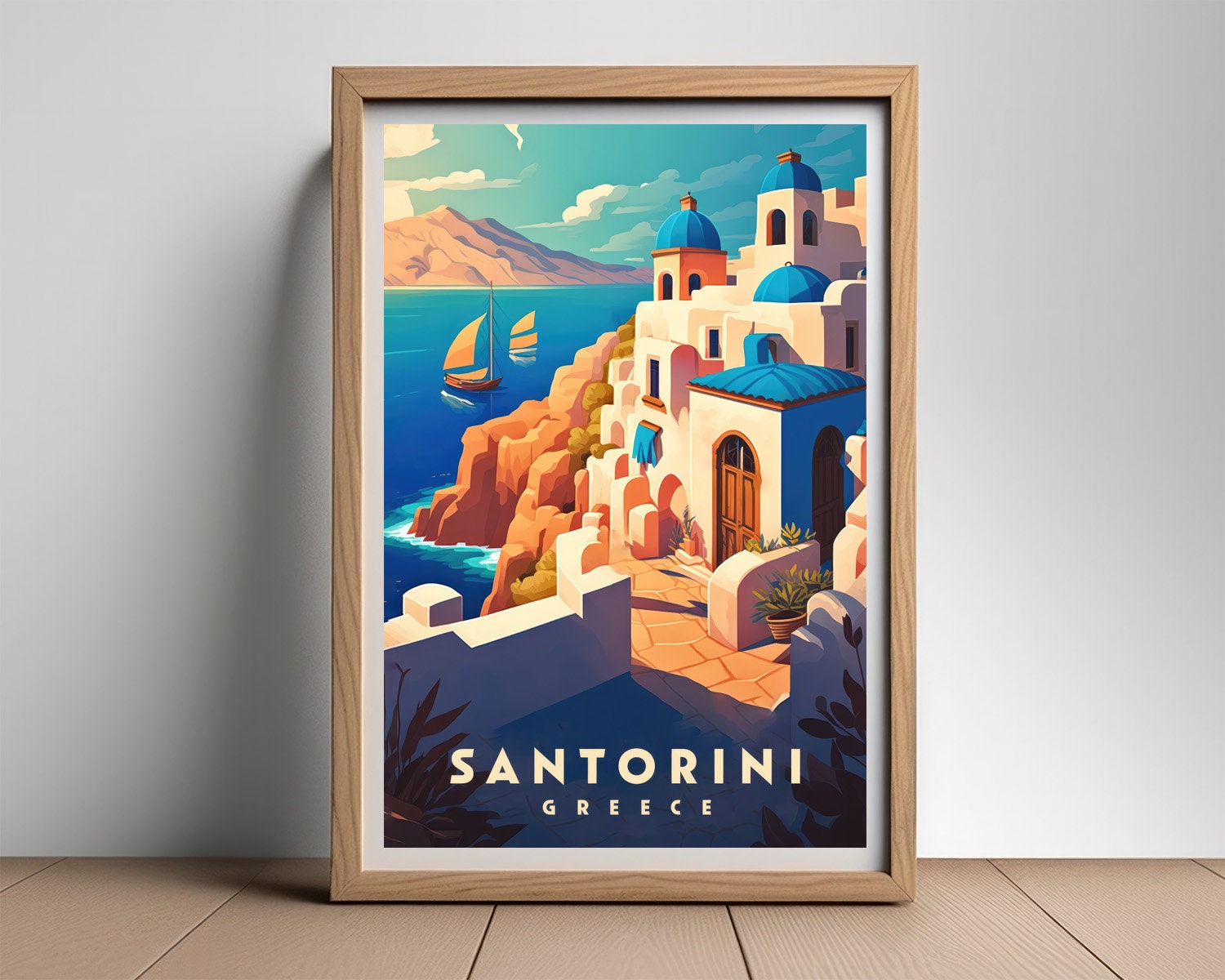 Framed Santorini Greece Travel Poster in Portrait orientation, minimal background, close up wall art print 2