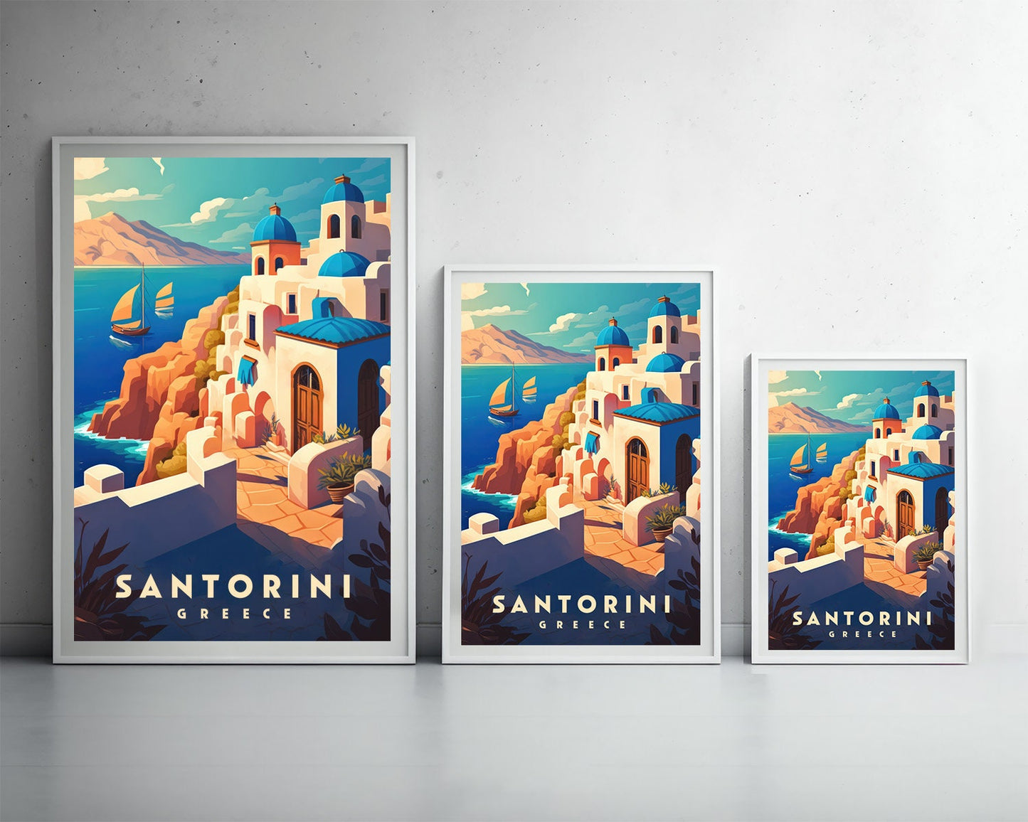 Framed Santorini Greece Travel Poster in Portrait orientation, minimal background, close up wall art print 3