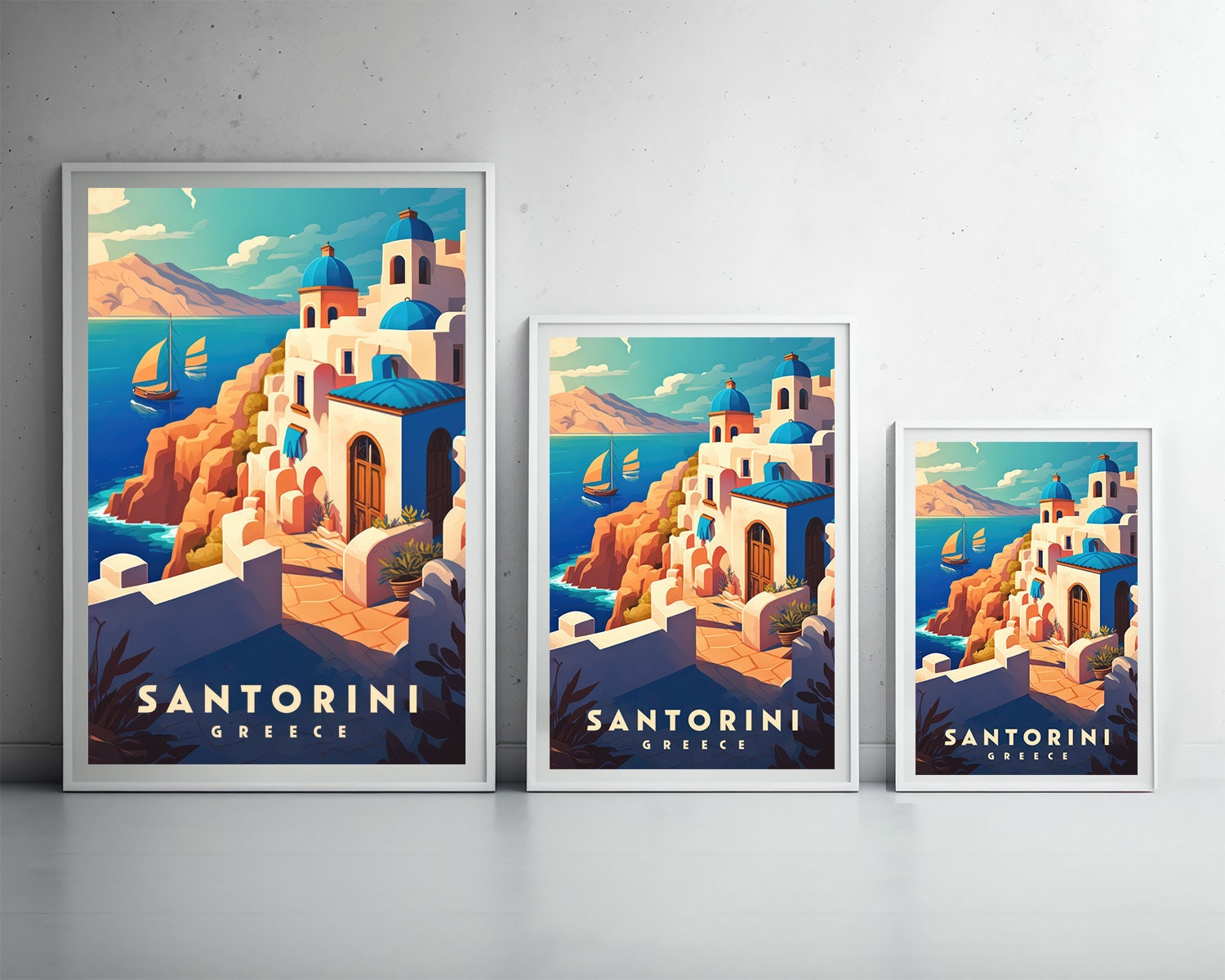 Framed Santorini Greece Travel Poster in Portrait orientation, minimal background, close up wall art print 3