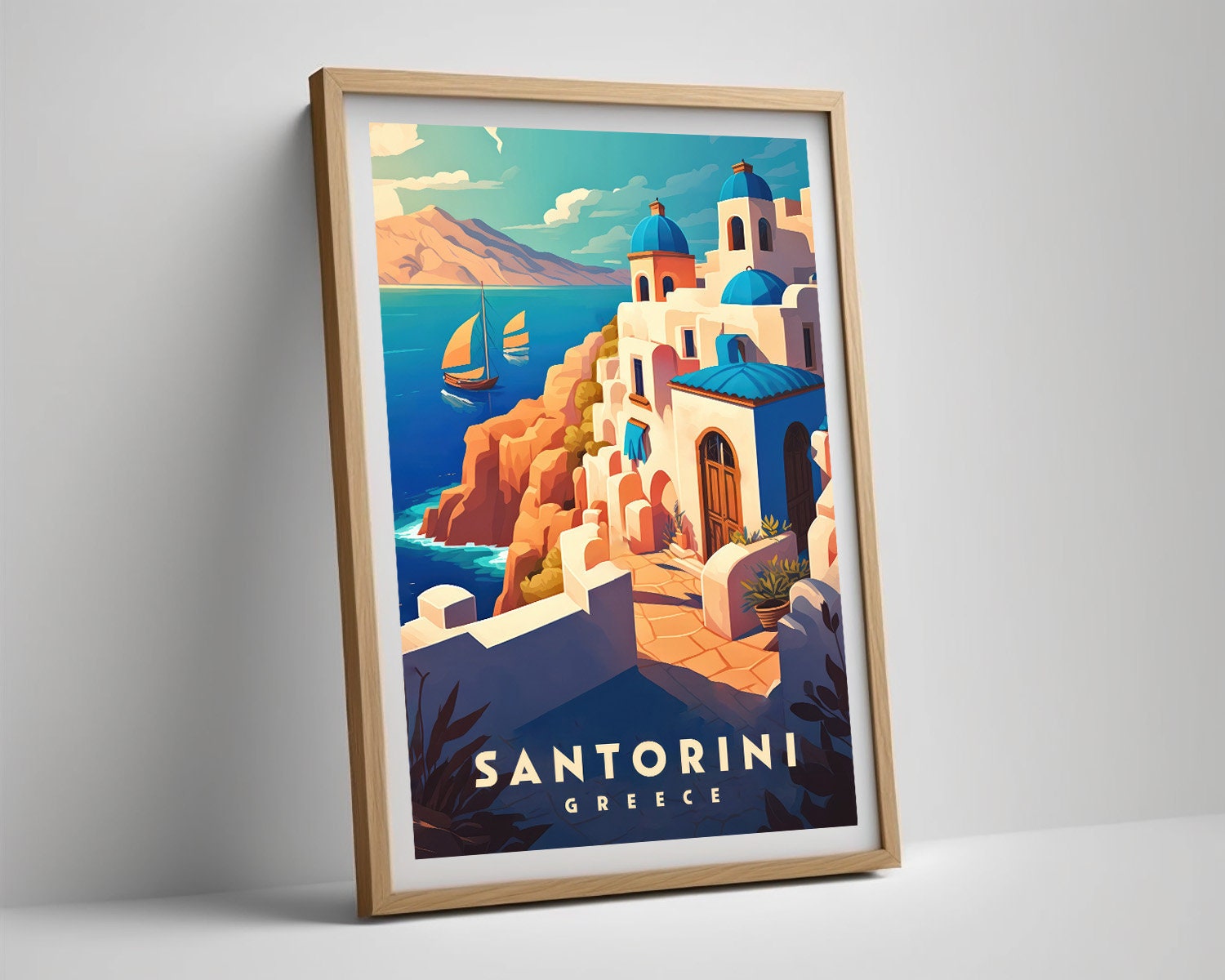 Framed Santorini Greece Travel Poster in Portrait orientation, minimal background, close up wall art print 4