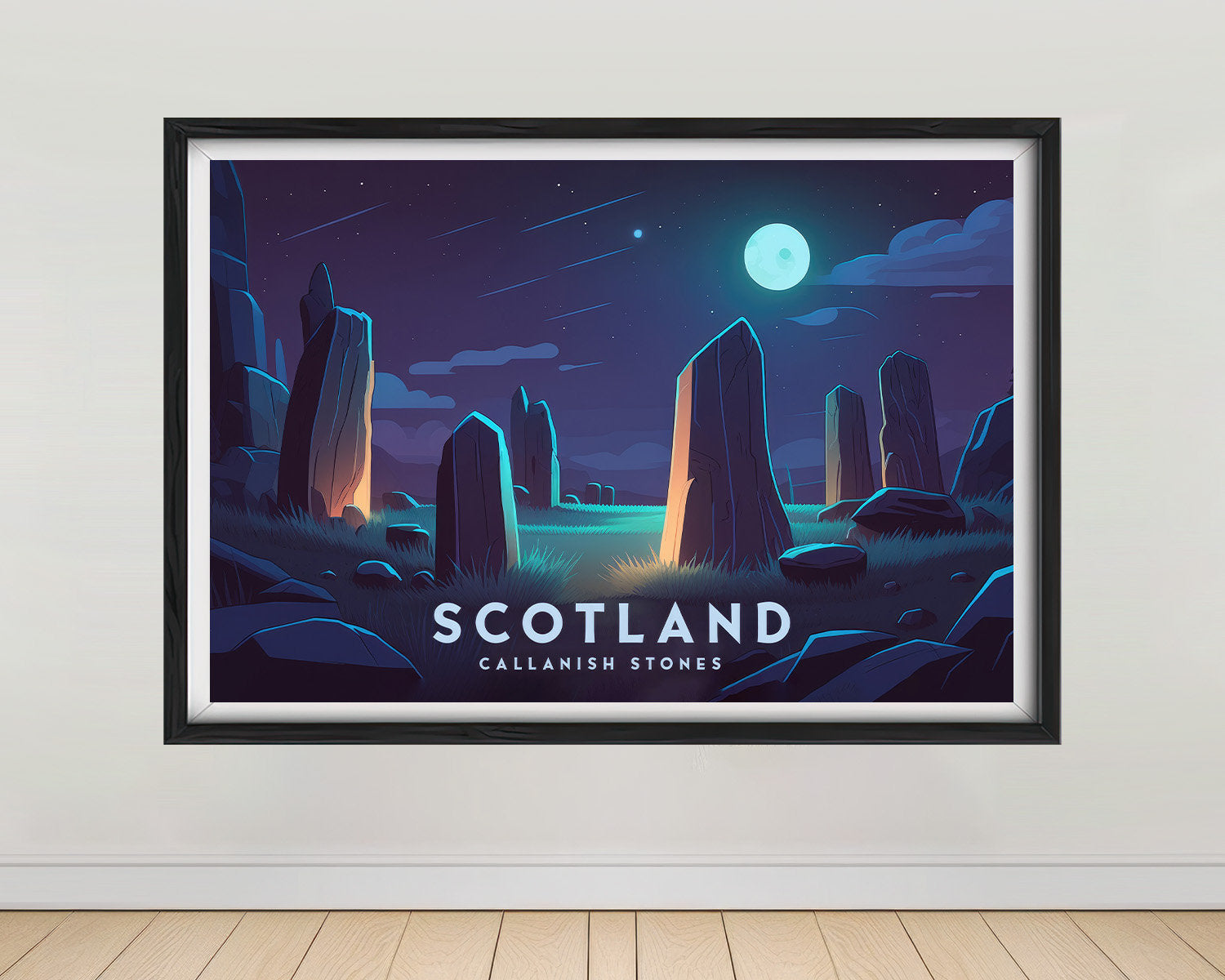 Framed Scotland Travel Poster in Landscape orientation, minimal background, close up wall art print 1