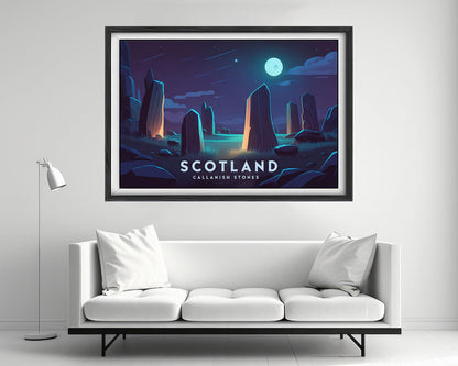 Framed Scotland Travel Poster in Landscape orientation, minimal background, close up wall art print 2