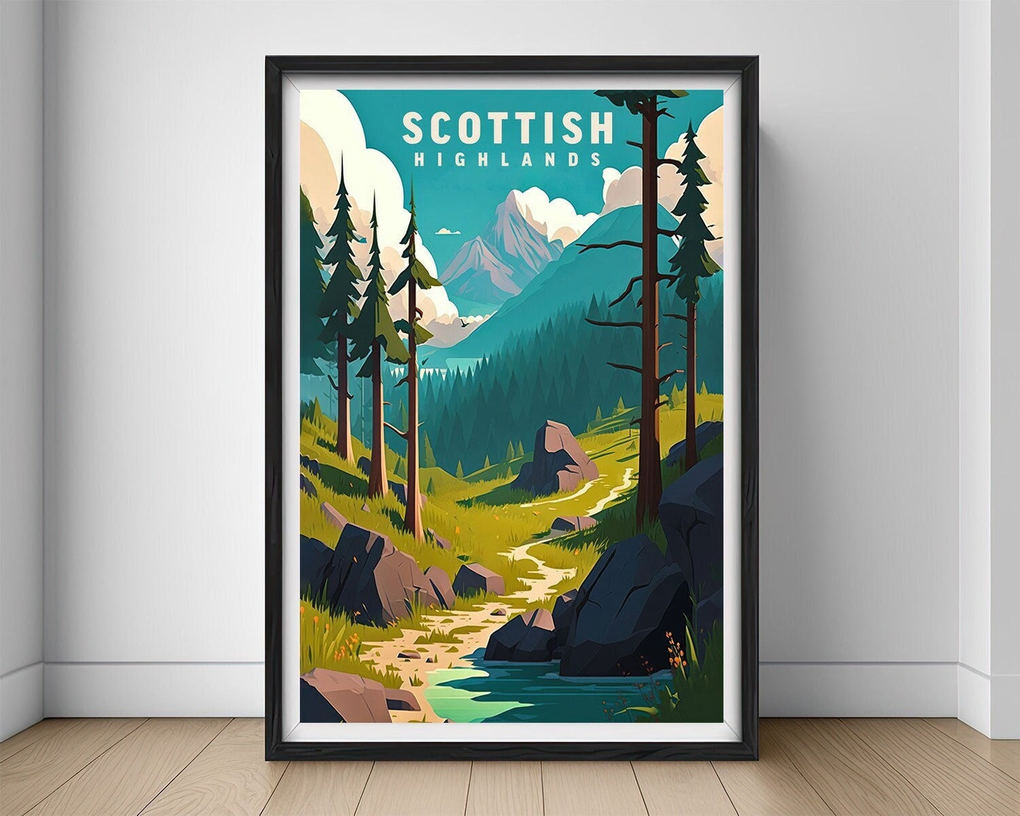 Framed Scottish Highlands Travel Poster in Portrait orientation, minimal background, close up wall art print 1