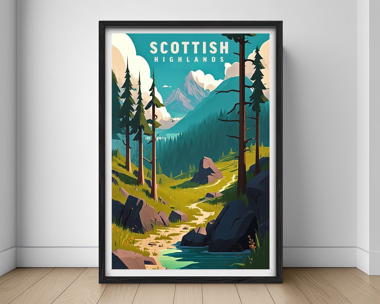 Framed Scottish Highlands Travel Poster in Portrait orientation, minimal background, close up wall art print 1
