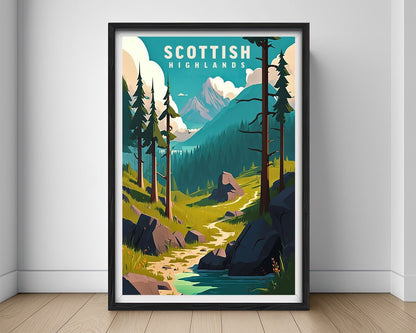 Framed Scottish Highlands Travel Poster in Portrait orientation, minimal background, close up wall art print 1