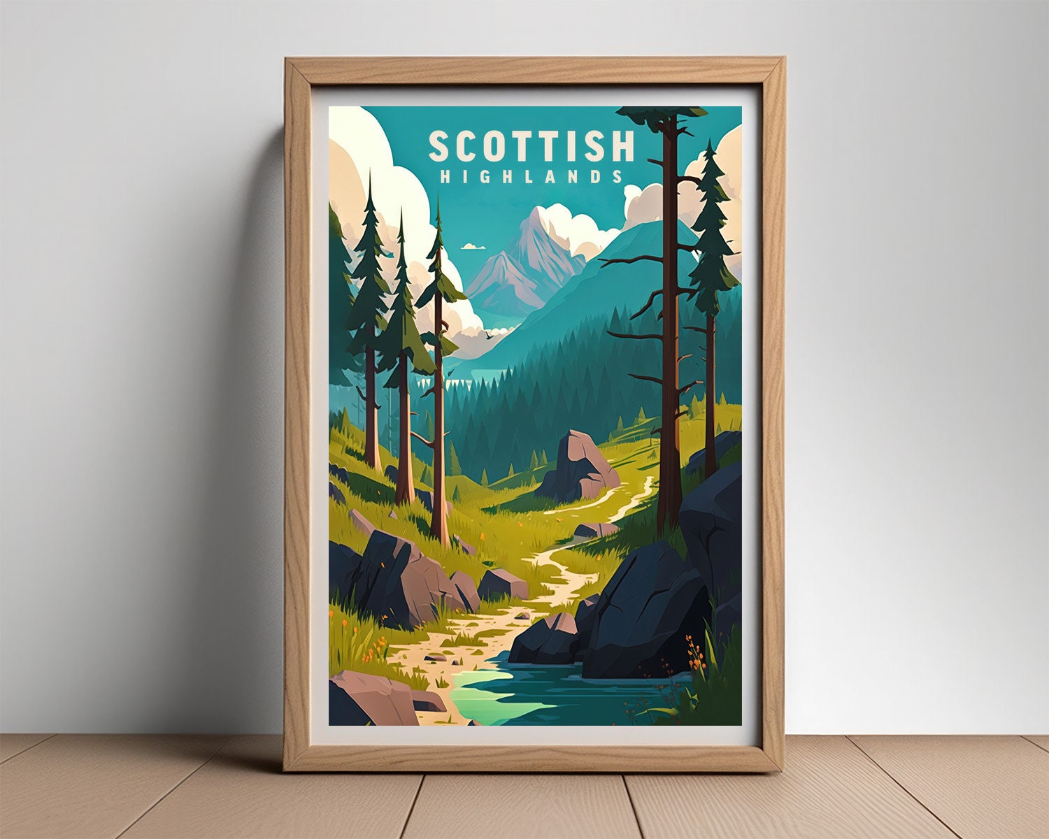 Framed Scottish Highlands Travel Poster in Portrait orientation, minimal background, close up wall art print 2